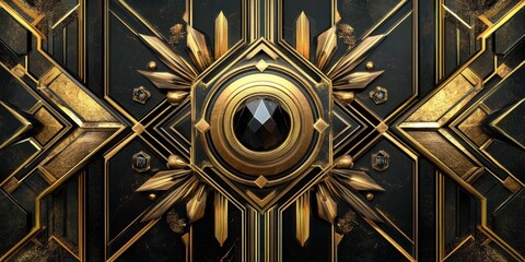 Obraz premium Intricate golden geometric design featuring a central jewel atop a textured black background