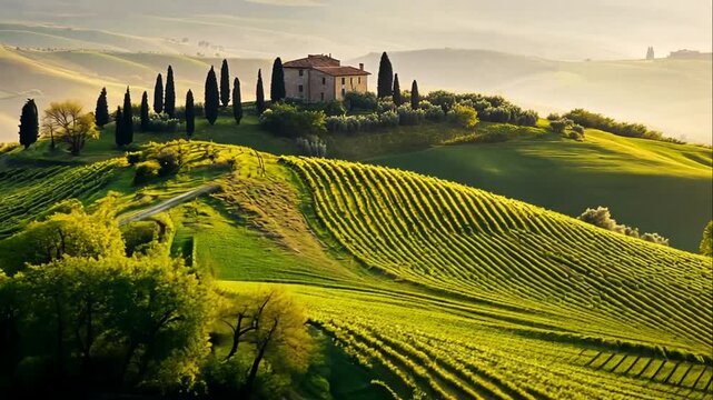 Picturesque Tuscan landscape with a house on a hill surrounded by vineyards and cypress trees at sunrise.