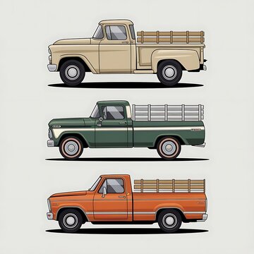 Collection of three classic pickup trucks in side view, showcasing vintage automotive design.