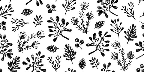 Winter plant pattern. Christmas seamless floral background. Crayon mistletoe forest. Holiday vector print. Vintage charcoal winter seamless pattern. Christmas flower wallpaper. Coal floral white bg