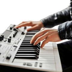 Obraz premium Close-Up of Musician's Hands Playing Synthesizer, Creating Harmonious Beats and Melody in a Professional Studio, Expressing Artistic Sound Design and Musical Talent