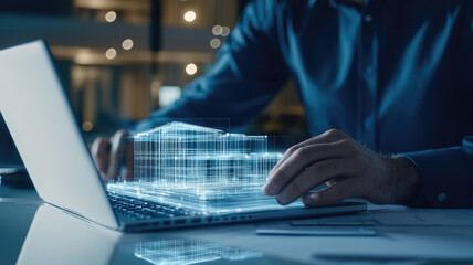 Architect working on 3D architectural model on laptop