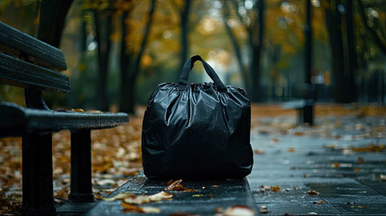 black bag on park bench during rainy autumn day