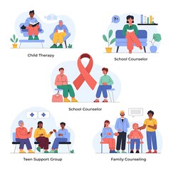 Fototapeta premium A white background illustration of a child therapy session, school counselor,