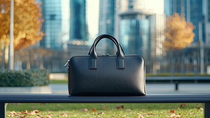 sleek black bag on bench in urban park setting