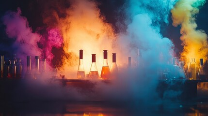 Obraz premium Mysterious Chemistry Lab Colorful Smoke Erlenmeyer Flasks Scientific Experiment