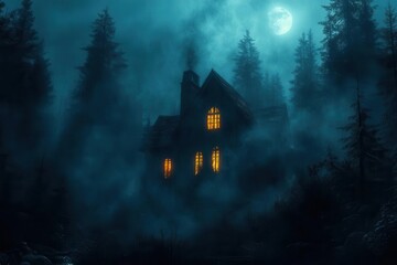 Fototapeta premium mysterious haunted house nestled in a shadowy forest, illuminated by eerie moonlight, creating a chilling and suspenseful scene, perfect for halloween-themed imagery