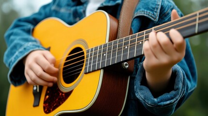 Fototapeta premium Young Person Playing Acoustic Guitar Outdoors