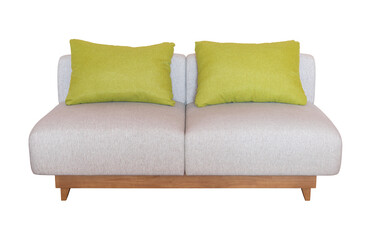 fabric sofa is a modern stylish with green backrest pillow, featuring a beautiful wood base that...