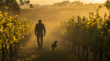 A man and his dog walking through a misty vineyard in the early morning.