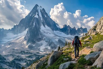 Scenic Mountain Trekking Adventure with Hiker on Trail Amidst Majestic Peaks and Lush Greenery Under Dramatic Cloudy Sky