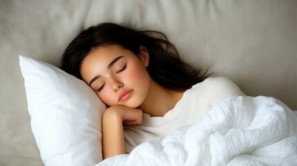 Obraz premium [Dark-haired woman sleeping in bed] Restful Slumber: Soothing Bedroom Scene with Peaceful Sleeper Caught in Gentle Morning Light