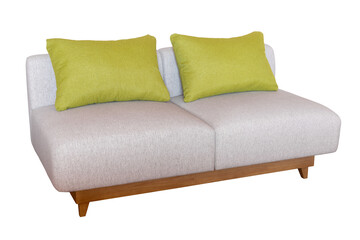 fabric sofa is a modern stylish with green backrest pillow, featuring a beautiful wood base that...