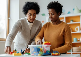 Two kindergarten teachers are organizing colorful educational toys in a classroom, preparing a stimulating and playful learning environment for children
