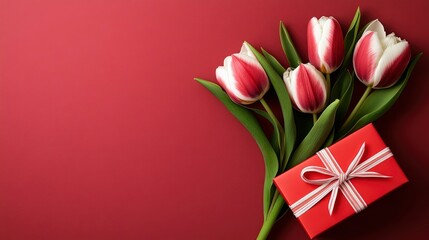 Fototapeta premium Red and White Tulips with Gift Box on Burgundy Background
