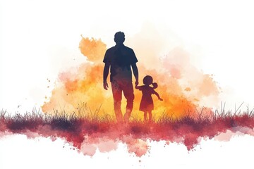 Fototapeta premium Happy Fathers Day Concept with dad and children silhouettes with watercolor background, Vector illustration