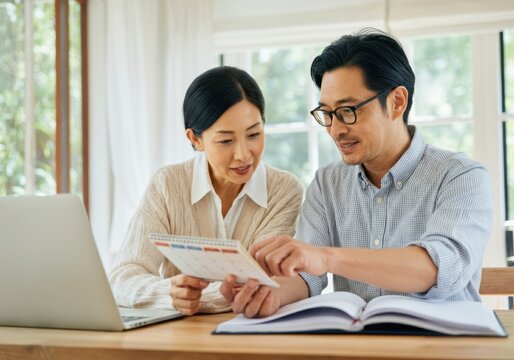 Asian couple organizing home finances, using calendar and laptop for scheduling and budgeting