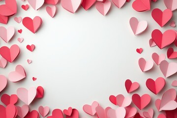 Happy Valentines Day background with a white heart frame and pink and red confetti frame on white background. Vector illustration with copy space for text