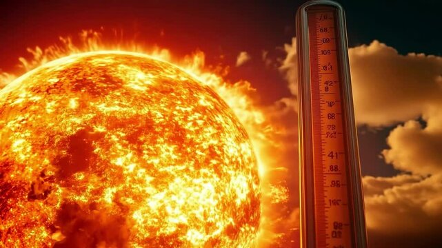 Conceptual image of a thermometer burning in flames with the sun in the background, showing extremely high temperatures