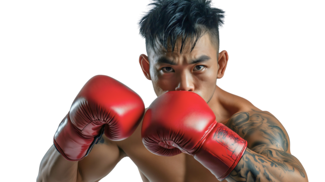Focused Male Boxer in Red Gloves, Intense Gaze, and Fighting Stance During High-Energy Boxing Workout and Training Session