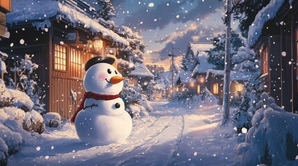 Fototapeta premium Snowy Village with Snowman