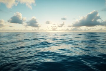Obraz premium Serene Ocean Horizon Under Soft Clouds with a Gentle Sunrise Light Creating a Peaceful and Tranquil Seascape, Ideal for Relaxation and Nature Themes