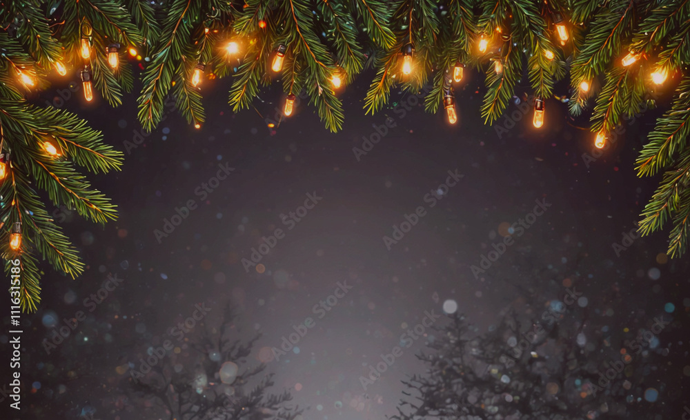 Poster christmas tree with lights on it. the tree is in the background