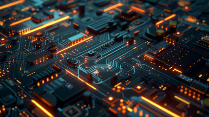 Obraz premium A futuristic electronic circuit board with glowing lines and components, captured in high resolution with an advanced technology theme.