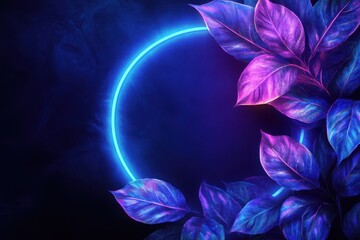 Fototapeta premium Neon blue and purple glowing lighting effect circular frame with tropical leaves on a dark background, vector illustration