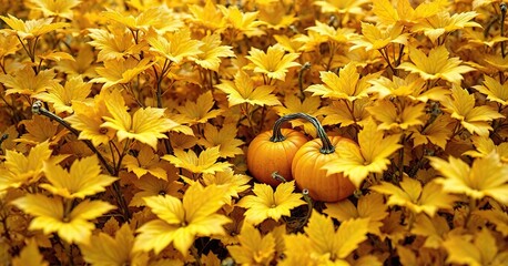 Yellow leaves and stems with a few mini pumpkins partially submerged in the foliage, yellow leaf, fall foliage