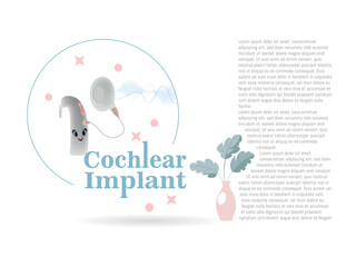 Graphic representation of a cochlear implant showcasing its modern design, sound waves, and decorative details accompanied by text.
