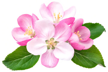 Naklejka premium Apple tree blossoms with green leaves PNG,Spring flowers head isolated on white background.AI GENERATED