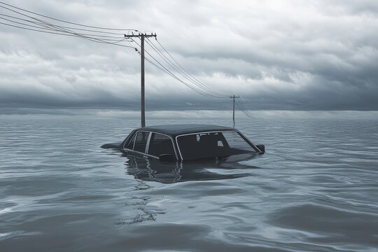 3D render of black car sinking in water, flat gray sky with clouds, and telephone pole visible on the water surface.