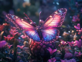 Design a holographic butterfly breaking free from a cocoon in a mystical garden