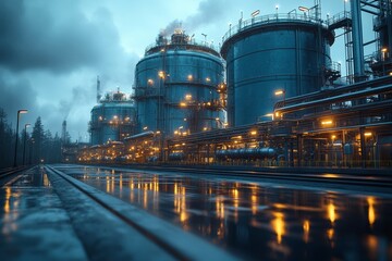 Obraz premium Night view of an industrial plant with large storage tanks and pipelines under a rainy sky
