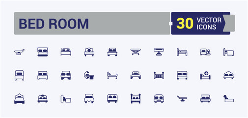 Bed Room icon set. Featuring room, bedroom furniture, table, bedroom, lamp, pillows and more. Minimalist thin linear icon. Editable vector icon and illustration.