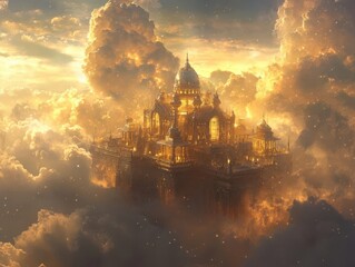 Fototapeta premium Illustrate a celestial floating temple, glimmering in golden and silver hues among soft clouds Emphasize spiritual ascension with intricate details and ethereal light