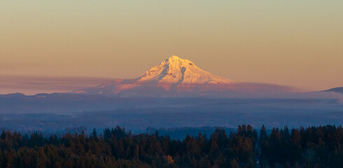 Foggy Sunset on Mt. Hood from Oregon City, Cascade Mountain Range  © Cascadia Aerial