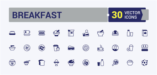 Breakfast icons set in line style. Includes thin line outline, set, sweet, symbol, eating, splash and more. Modern thin icons. Editable vector outline and solid icons.