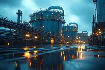 Naklejka premium Night view of an industrial plant with storage tanks and pipelines