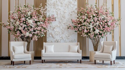 A stylish interior scene featuring elegant seating flanked by large floral arrangements, creating a sophisticated and inviting atmosphere.