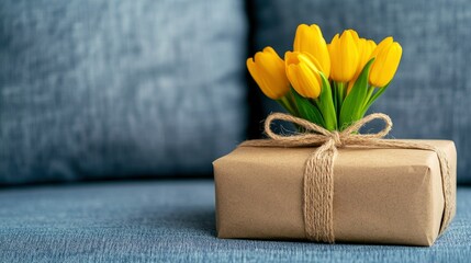 Gift Wrapped Present with Yellow Tulips on a Sofa