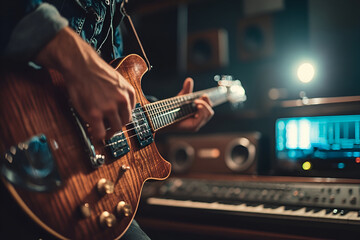 Obraz premium Close-up of hands playing an electric guitar in a studio