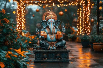 Fototapeta premium Magical Ganesha with Christmas Lights and Vibrant Indian Colors.