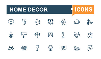 Home Decor linear icon collection. Related to room, house, table, bedroom, plant, bed, kitchen, interior. Solid line editable stroke. Vector line and solid icons.