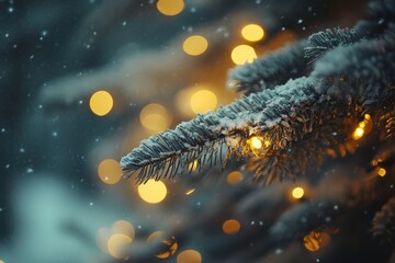 Dreamy Christmas bokeh lights on tree, abstract blurred festive background with yellow and white hues, soft focus holiday spirit.