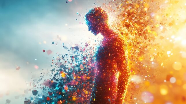 Illustrate the dissolution of a humanoid into vibrant holographic fragments, signifying enlightenment and ego dissolution, Psychedelic, Digital art