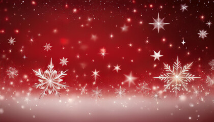 Snowy christmas background. Subtle flying snow flakes and stars on christmas red