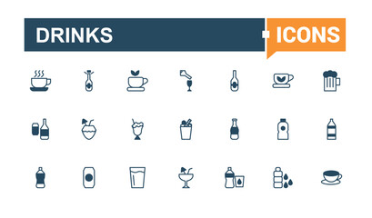 Drinks line icons set. Featuring beer, bottle, alcohol, cocktail, glass, beverage, juice and more. Simple web icons. Editable vector outline and solid icons.
