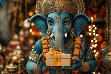 Obraz premium Magical Ganesha with Christmas Lights and Vibrant Indian Colors.